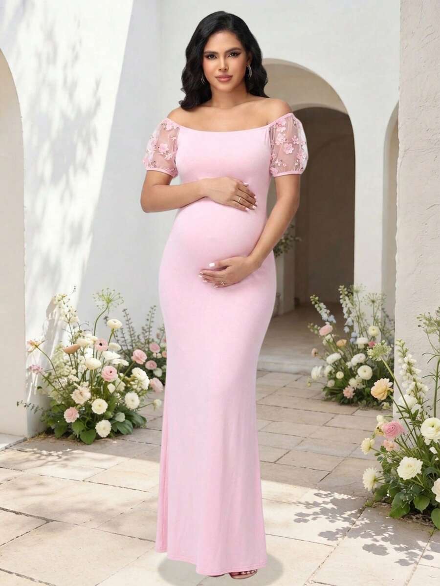 JustVH Maternity Cold Shoulder 3D Floral Long Mermaid Dress, Suitable For Baby Shower, Halloween, Autumn Party - Baby Pink - View 1