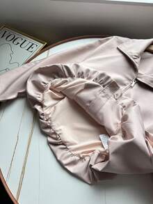 Women's Minimalist Solid Color Satin Long Raglan Sleeve Collared Short Woven Jacket, Slim Fit, Grey Pink, Casual Street Style, Autumn/Winter - Baby Pink - View 9