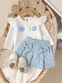 2pcs Baby Girl Fresh Cute 3D Flower Long Sleeve Top & Jacquard Skirt Set, Thin Spring/Autumn - Blue and White - View 4