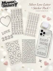 1pc/2pcs/3pcs/4pcs 3D Silver Rhinestone Decor Sticker Set With English Letters, Numbers, Hearts, Stars, Luxury Shiny Texture, Includes Tweezers, Self-Adhesive, Suitable For Phone, Laptop, Camera, Earphones, Water Bottle, Electronic Device Case, Gift Box, Greeting Card, Aromatherapy Container, Storage Box Surface Decoration - one-size - View 1
