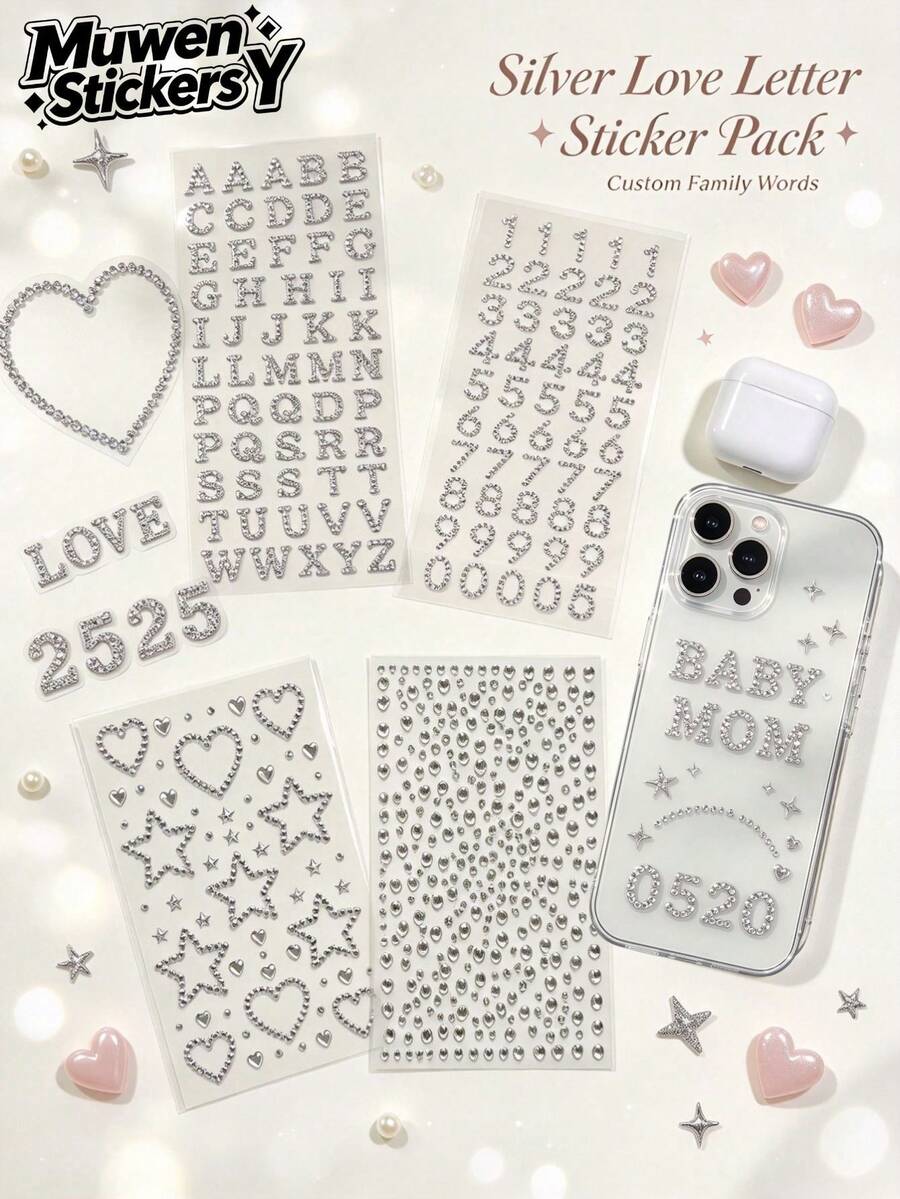 1pc/2pcs/3pcs/4pcs 3D Silver Rhinestone Decor Sticker Set With English Letters, Numbers, Hearts, Stars, Luxury Shiny Texture, Includes Tweezers, Self-Adhesive, Suitable For Phone, Laptop, Camera, Earphones, Water Bottle, Electronic Device Case, Gift Box, Greeting Card, Aromatherapy Container, Storage Box Surface Decoration - one-size - View 1