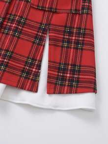 Purechapter Tween Girls Fashion Plaid 2 In 1 Button-Front Dress, Long Sleeve, Collared, Bow Decor, Shirt Patchwork Design, Girls Dress, Christmas Valentine's Day, Autumn/Winter - Red - View 7