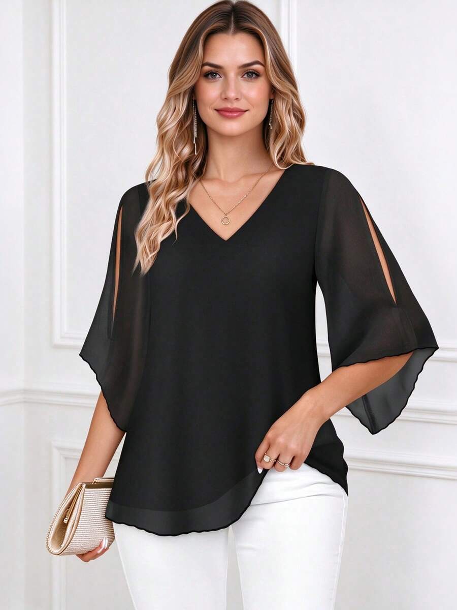 CheersLife Plus Size Women Ruffle V-Neck Loose Flowy Belted Blouse With Double Layer Mesh Casual Black Spring - Black - View 1