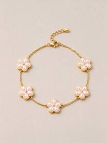 Gold Pink Pearl Clover Flower Chain Bracelet Stackable Dainty Stainless Steel Women Gift - Multicolor - View 5