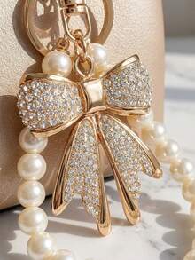 Bow-Knot Keychain Featuring A Faux-Pearl Chain And A Sparkling Bow Charm; Suitable For Handbags, Wallets, And Backpacks-A Stylish Accessory For Women. - Gold - View 4