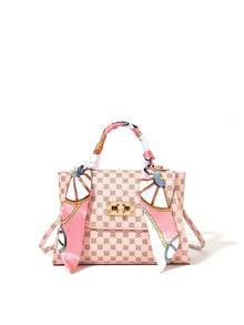 1pc Girls Luxury Silk Scarf Wrapped Handbag, Classic Monogram & Solid Color 2 Styles Available, Metal Lock Commuter Crossbody Small Bag - Multicolor - View 3