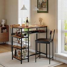 Desayunador para 2 Personas, Juego de Mesa de Comedor Cuadrada con 2 Taburetes y Portabotellas Integrado, Mesa Bar Compacta de 74 x 74 x 76, Estructura de Metal Negro y Tablero de Madera Vintage, para Cocina, Comedor y Departamento Pequeño - Marrón - Ver 8