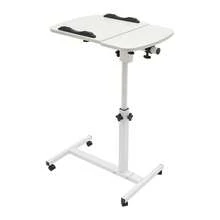 OUKANING Height Adjustable Rolling Laptop Desk With Lockable Wheels, Tilting Split Tabletop MDF Computer Stand For Bed Sofa, White - A - View 7