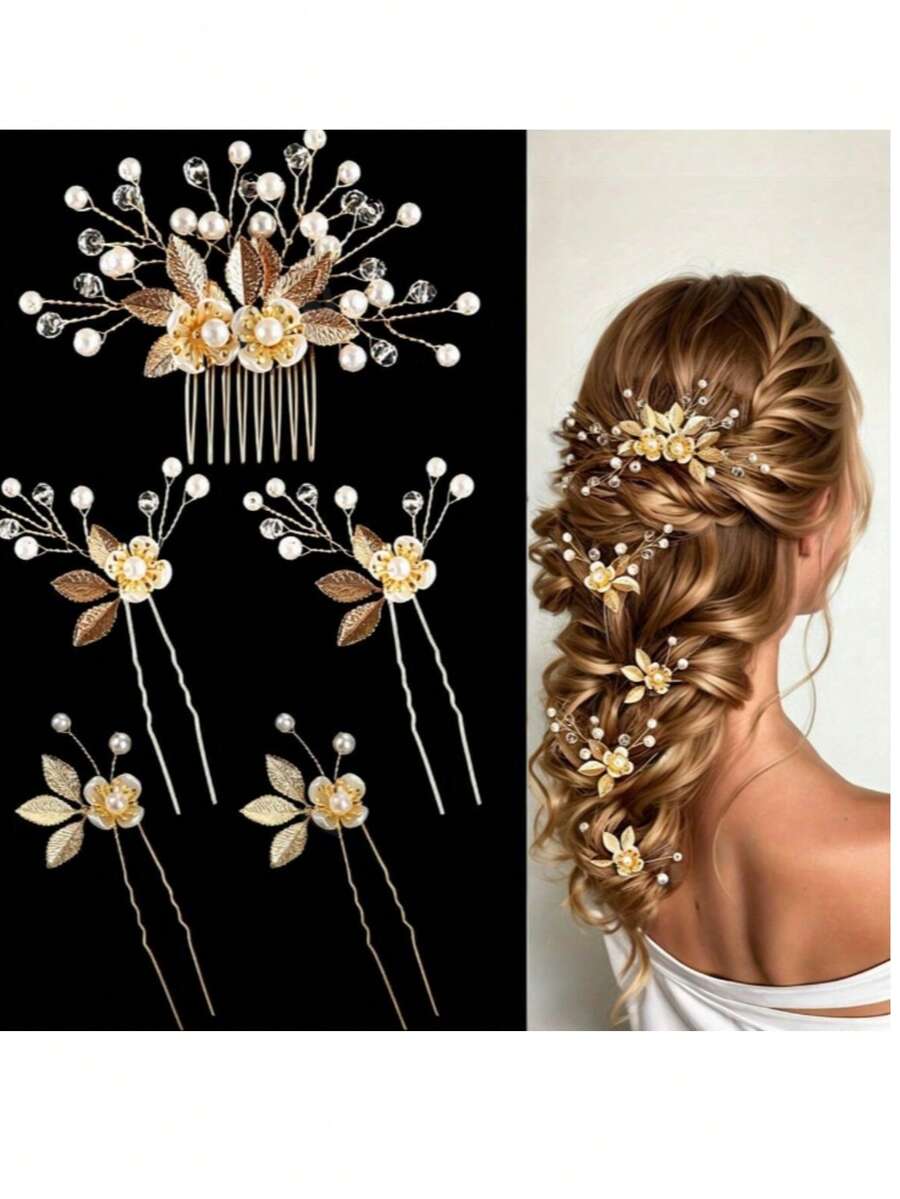 5pcs/Set Gold Leaf Handmade Pearl Hair Comb Hair Pin Bridal Wedding Evening Party Hair Accessories Set - Gold - View 1