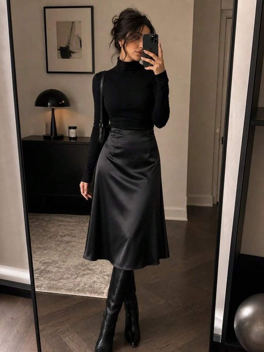 Solid Color Elegant Woven Fabric Zipper Skirt For Holiday Evening Date - Black - View 1