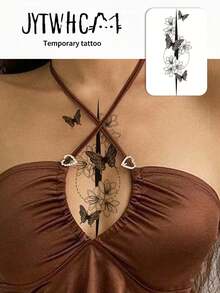 Waterproof Temporary Transfer Tattoo,Cute Y2K Style, Floral Blossom & Butterfly Pattern, Delicate Line Details, Long Lasting Fake Tattoo Stickers, Body Art Decals For Women, Suitable For Chest, Torso, Arm, Party & Daily Decoration - Black - View 2