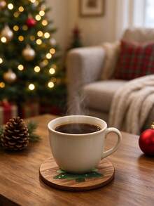 1/4/6pcs Christmas Tree Pattern Wooden Coasters - Round Wooden Drink Coasters With Hand-Painted Christmas Tree Design; Heat-Resistant And Absorbent, Suitable For Coffee Cups, Tea Cups; Perfect For Winter Holiday Table Decor; Ideal Christmas Housewarming Gift For Home Kitchen, Dining Table Or Bar. - A - View 3