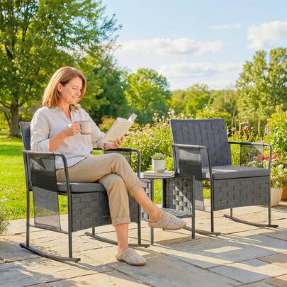 Outsunny 3 Piece Patio Furniture Rocking Bistro Set Outdoor Rocking Chairs With Side Pockets, Mesh Seat, Cushions, 2-Tier Table, Outdoor Conversation Furniture For Balcony, Grey