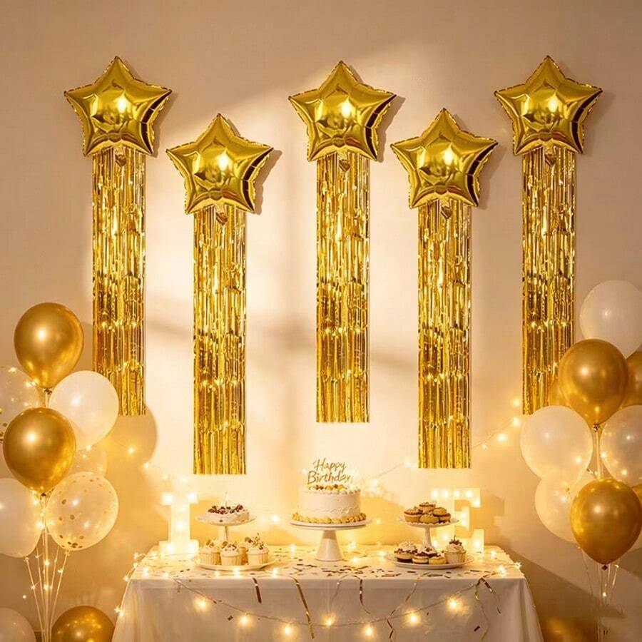 6pcs Gold Five-Pointed Star Foil Curtain Ribbon Balloon Set, Suitable For Birthday Party Decoration, Theme Party Setup, Bachelor Party Decoration, Wedding Decor, Birthday Atmosphere Photo Props - Gold - View 1