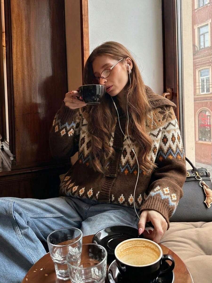 Fair Isle Pattern Button Front Sweater Cardigan, V Neck, Long Sleeve, Brown Knit, Cropped Fit, Vintage Fall/Winter Layer With Nordic Charm - Multicolor - View 1