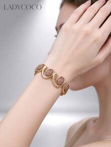 1pc Fashionable Elegant Geometric Inlaid Leopard Print Oval Bracelet Suitable For Women's Daily Wear - Multicolor - View 3
