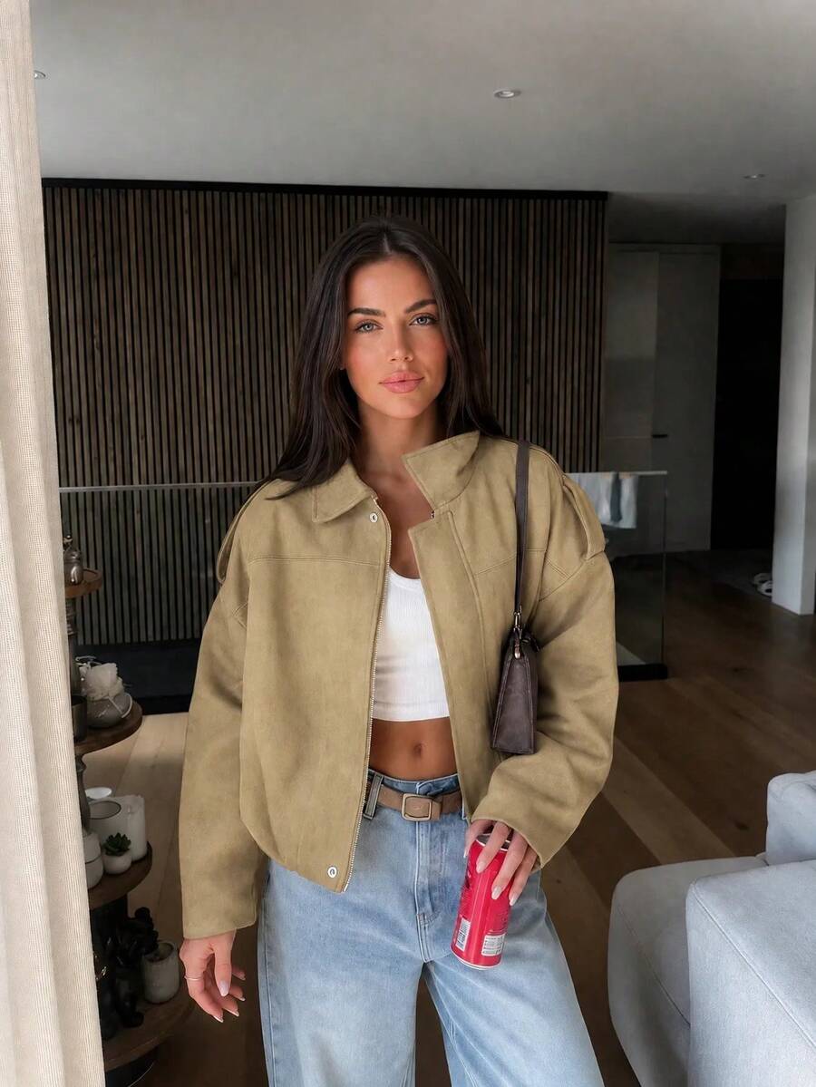Women's Casual Solid Color Front Zipper Pocket Jacket, Long Sleeve Bomber Jacket, Loose Fit Retro Zipper Jacket, Regular Faux Suede Casual Jacket, Spring/Autumn - Khaki - View 1