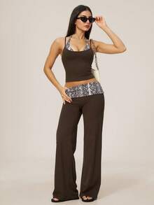 TimeOff Women's One Set Snake Skin Print 2 In 1 Patchwork V-Neck Halter Tank Top Folded Waist Wide Leg Pants Running Sports Outfit - Brown - View 7