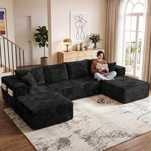 Sofá modular de lujo con forma de U, de 147 pulgadas, convertible en cama, con tapizado de pana, para sala de estar, cine en casa, villa, apartamento y estudio. No requiere montaje. - Negro - Ver 1
