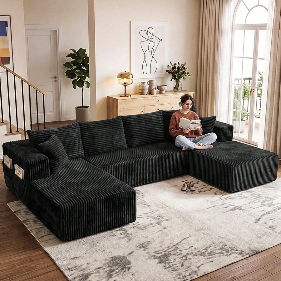 Sofá modular de lujo con forma de U, de 147 pulgadas, convertible en cama, con tapizado de pana, para sala de estar, cine en casa, villa, apartamento y estudio. No requiere montaje. - Negro - Ver 1
