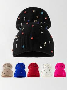 1 mũ len beanie nam thời trang đa năng màu trơn, đính ghim và đá rhinestone, mũ len dệt kim giữ ấm cho mùa thu/đông, phù hợp mặc hàng ngày và phối đồ - A - Xem 9