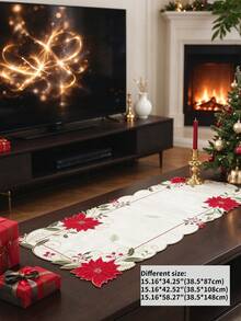 1PC 100% Polyester Christmas Embroidered Poinsettia Table Runner, Scalloped Edge Holly Berry Table Runner, Xmas Holiday Dining Table Decor For Home Party - Multicolor - View 18
