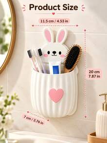 New Rabbit-Shaped Makeup Brush Holder (With Heart/Candy Decoration) - Wall-Mounted Design, Suitable For Vanity And Bathroom; Can Store Makeup Brushes, Toothbrushes, Combs, Lipstick Tubes And Other Items, Multi-Functional. - Multicolor - View 2