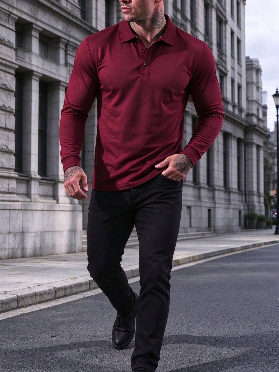 Men's Long Sleeve Polo Shirt, Solid Color, Breathable, Slim Fit, Business Casual, Lightweight, Wrinkle-Resistant, Commuter, Golf Shirt - Red - View 1