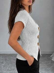 Apperloth A Elegant Ribbed Knit Sweaters Cardigan V Neck Asymmetrical Button Front Short Sleeve Fitted Crop Top For Women Fall Daily Fashion Thanksgiving Outfit - Silver White - View 3
