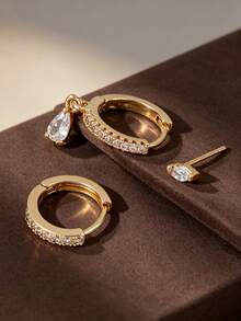 3Pcs Stacked Huggie Earring Set For Women, Gold Plated Marquise Teardrop Cubic Zirconia Earrings For Multiple Piercing, Ear Jewelry For Daily Party - Yellow Gold - View 3