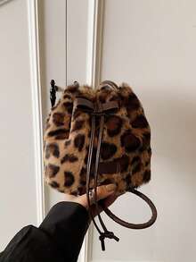 1pc Girls Leopard Print Plush Drawstring Closure Vintage Crossbody Bag Suitable For All Seasons Daily Use - A - View 10