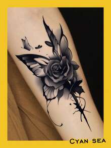 1pc Temporary Tattoo Sticker, Black Grey Rose & Butterfly Pattern, Realistic Fake Tattoo Design For Daily Wear, Bachelorette Party Favors, Music Festival, Cosplay, Graduation Gift, Lasts 3-5 Days - Black - View 6