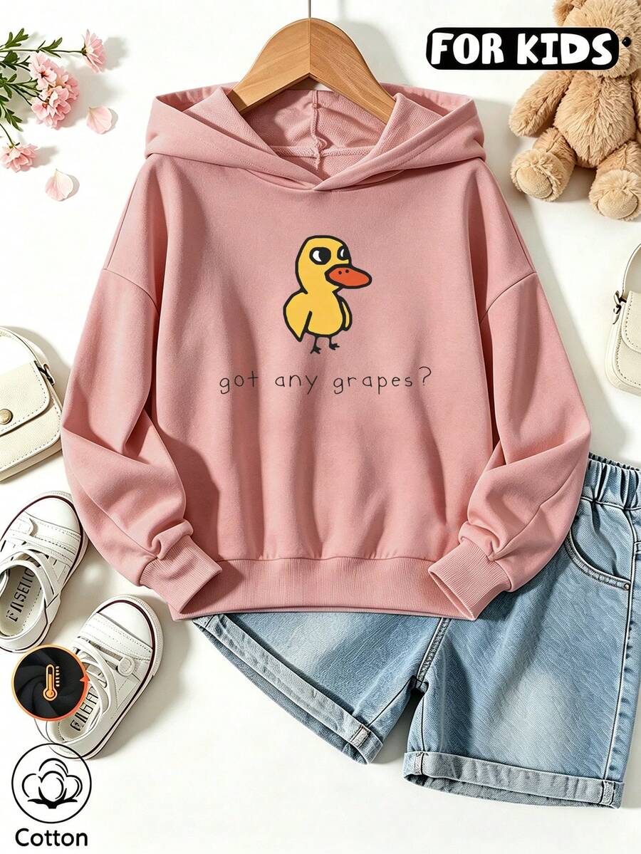 Girls Cartoon Duck Quote Print Hoodie, Casual Long Sleeve Hooded Pullover - Nude Pink - View 1