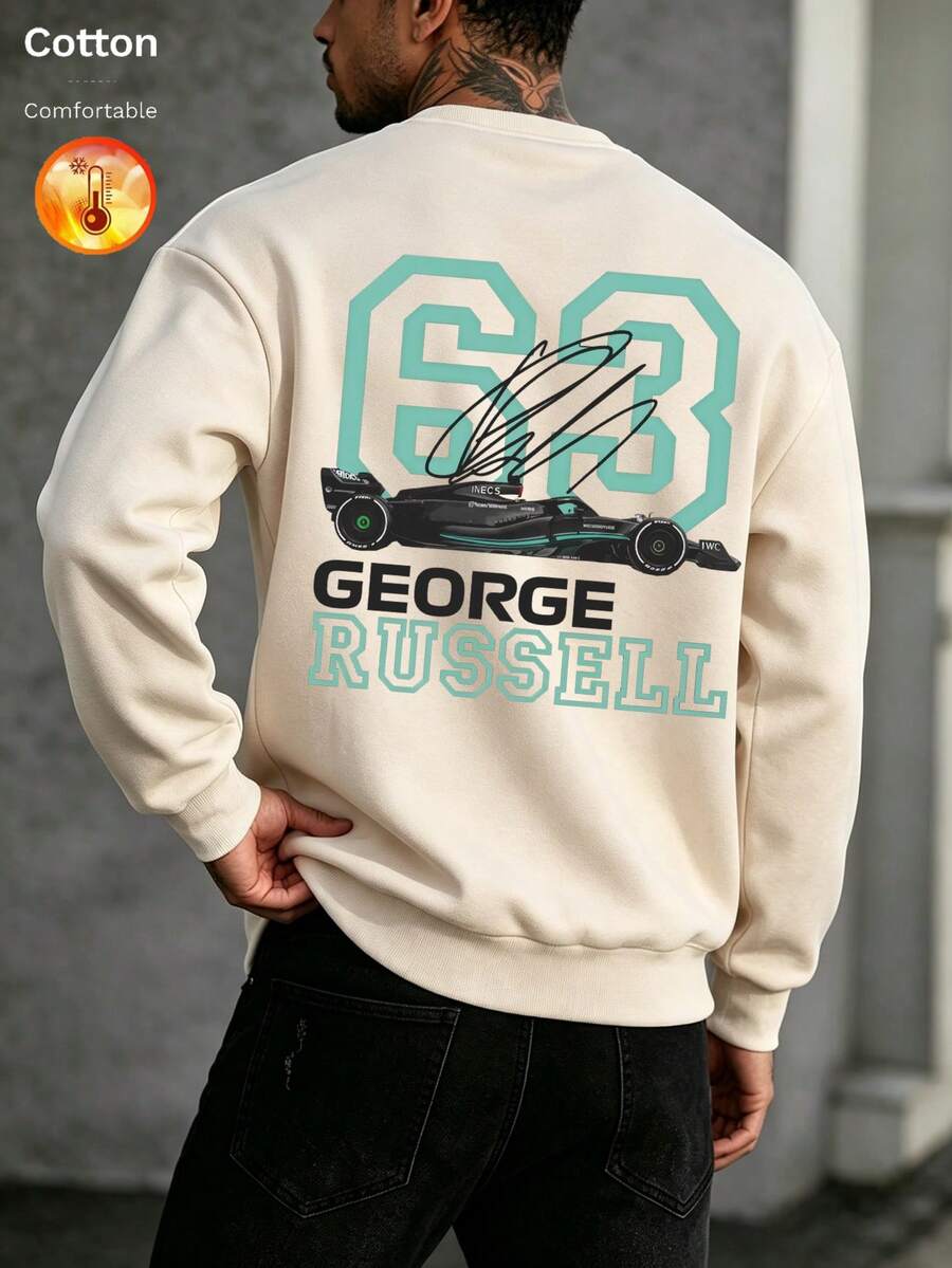 Men's Thermal Lined Crew Neck Loose Fit Sweatshirt, 63 Racing Graphic, Suitable For Autumn/Winter Casual Streetwear - Apricot - View 1
