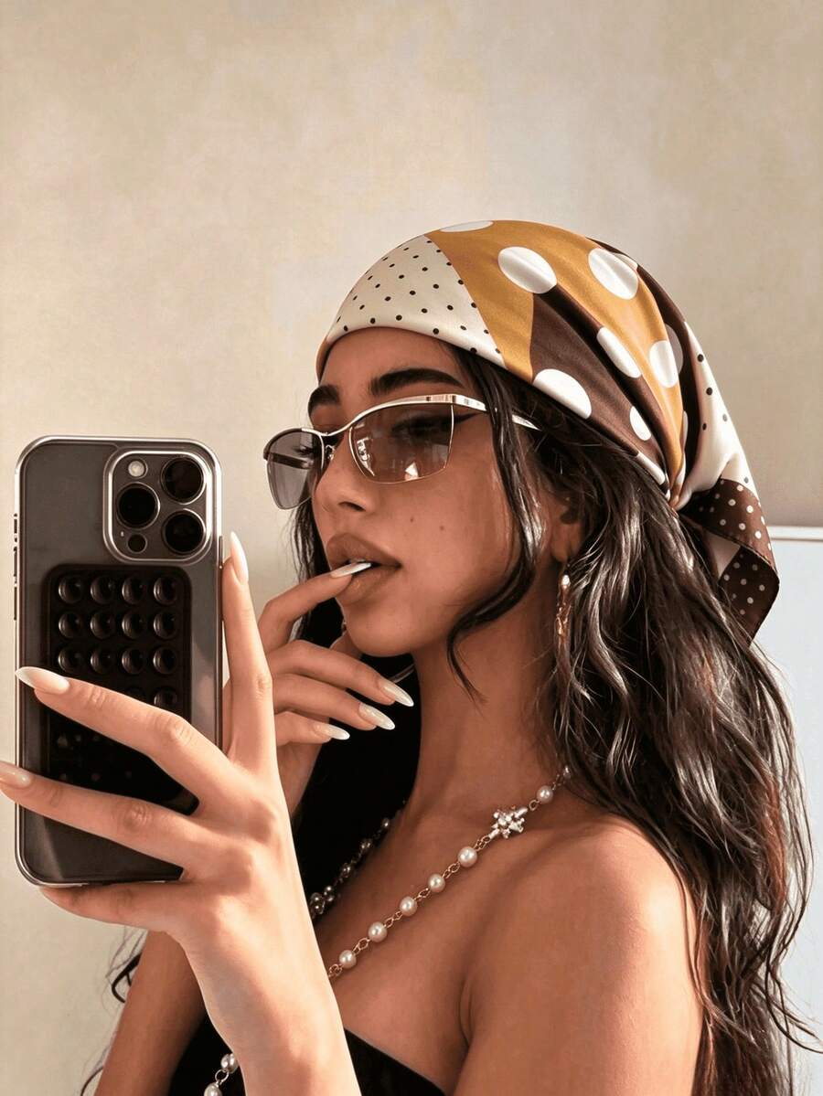 1pc Women's Satin Square Headscarf Solid Color - Beige Brown - View 1