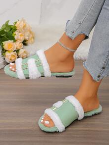 Women's Thermal Lined Fuzzy Slippers, Double Metal Buckle Open Toe Flat Slide, Plush Footbed, Warm Indoor/Outdoor Dual Use, Non-Slip Sole, Autumn/Winter - Premium Light Green and White Faux Fur - View 3