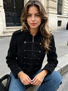 Seelio Autumn New Women's Jacket, European And American Style, Fashionable Minimalist Versatile Suede Texture Effect - Black - View 2