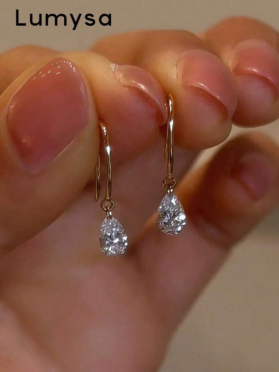 1 Pair Minimalist Luxury Water Drop Zirconia Earrings, Suitable For Women's Daily Commute Wear