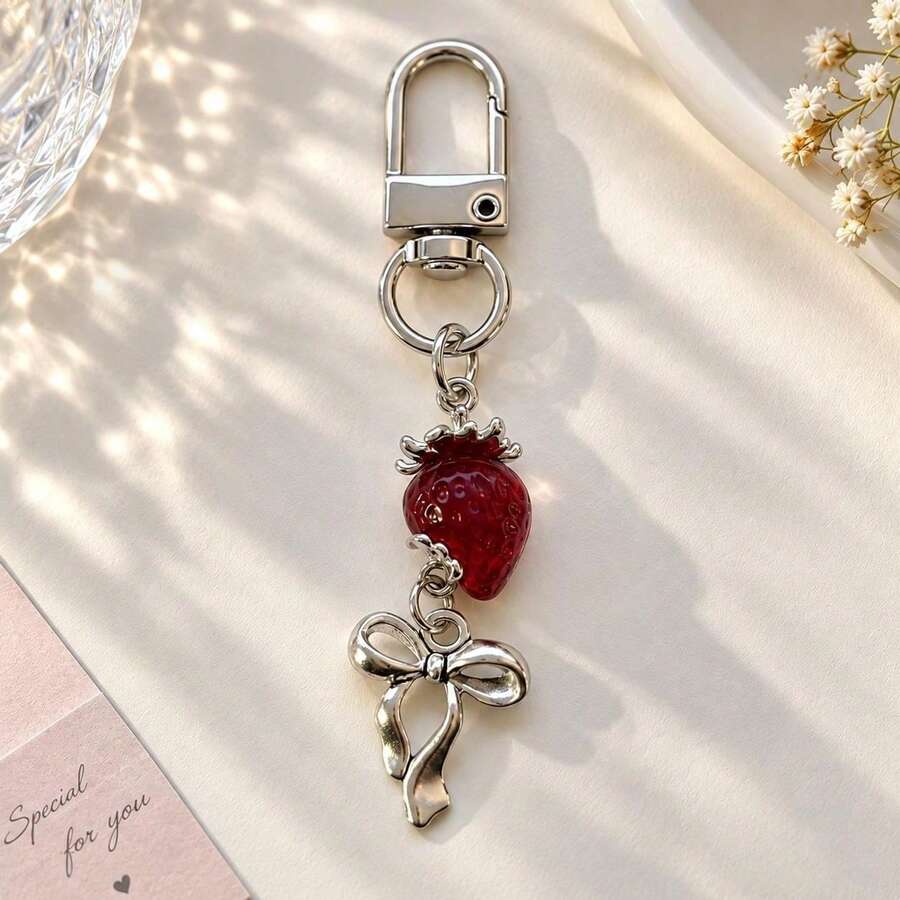 1pc Unisex Funny Realistic Transparent Strawberry Keychain, Simple Sweet Bow Key Ring Bag Pendant - Multicolor - View 1