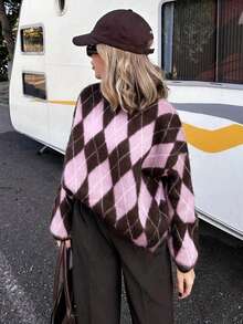 Women's Diamond Check Contrast Color Drop Shoulder Long Sleeve Loose Sweater - Medium Powder - View 5