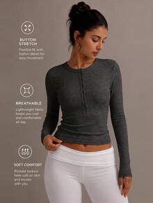 XLLAIS Spring/Summer Button Knit High Elasticity Top - Dark Heather Grey - View 2