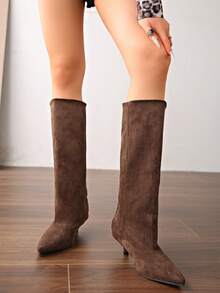 French Blogger Style Pointed Toe Wide Shaft Knee-High Boots, Nordic Kitten Heel Riding Boots For Women, Ins Style - Coffee Brown - View 9