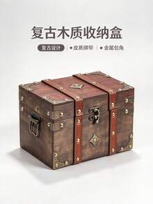 QINBEIYOU 1pc Vintage Wooden Storage Chest With Password Lock, Decorative Treasure Box With Leather Handle & Metal Corner Protector, Desktop Jewelry Document Trinket Organizer, Retro Home Decor Photo Prop - Dark Grey - View 7