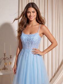 Spaghetti Strap Lace Prom Dress, Banquet Dresses Elegant Fall Wedding Party - Mint Blue - View 5