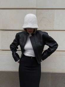 Street Style Schwarze PU-Leder Kurzjacke Damen Stehkragen Langarm Herbst Oberbekleidung - Schwarz - Übersicht 3