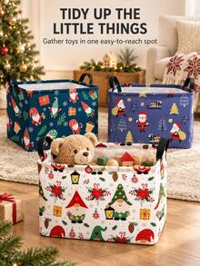 Christmas Square Storage Basket, Printed With Santa Claus, Gnomes, Snowflakes And Trees, Reinforced Handle And Open Design, Multi-Purpose Toy, Blanket, Book And Gift Storage Bin, Suitable For Bedroom, Living Room, Holiday Party And Winter Decor - Multicolor - View 5