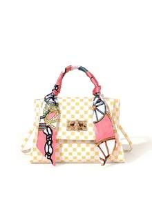 1pc Girls Luxury Silk Scarf Wrapped Handbag, Classic Monogram & Solid Color 2 Styles Available, Metal Lock Commuter Crossbody Small Bag - Multicolor - View 4