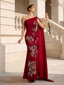 VIPGIRL Red One-Shoulder Fishbone Evening Gown With Side Bow, Intricate Floral Sequin Waist-Defining Mermaid Formal Maxi Dress - Red - View 3