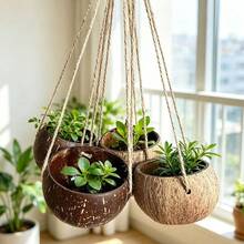 1 pieza Maceta colgante creativa de cáscara de coco natural con cuerda, maceta colgante para decoración del hogar - Maceta colgante hecha a mano - Ver 1
