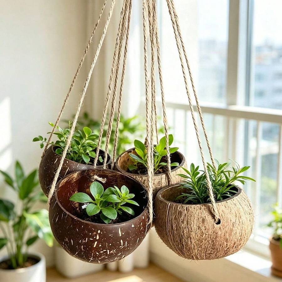 1 pieza Maceta colgante creativa de cáscara de coco natural con cuerda, maceta colgante para decoración del hogar - Maceta colgante hecha a mano - Ver 1